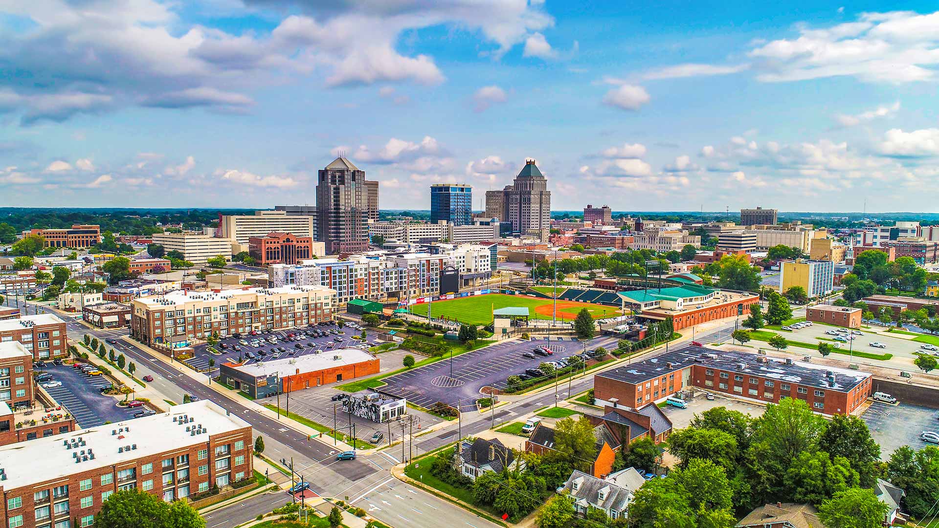 Aerial photo of downtown Greensboro, NC.