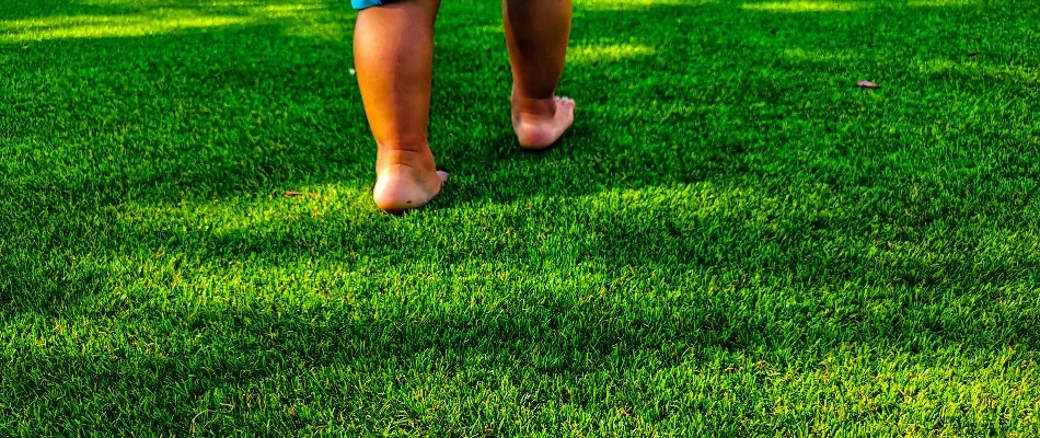 A child walking along synthetic turf in Greensboro, NC.