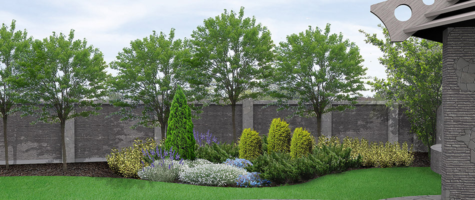 A custom 3D landscape design of a landscape bed in the backyard of a home in Jamestown, NC.