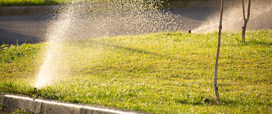 Irrigation system watering a dried lawn in Kernersville, NC.