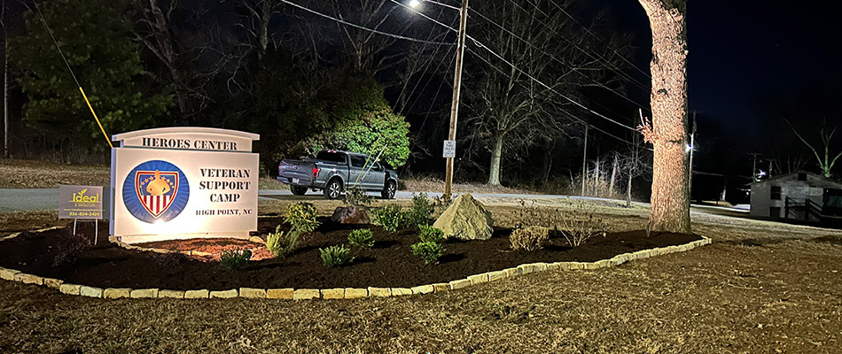 Mulch and plantings installed for Heroes Center sign in High Point, NC.