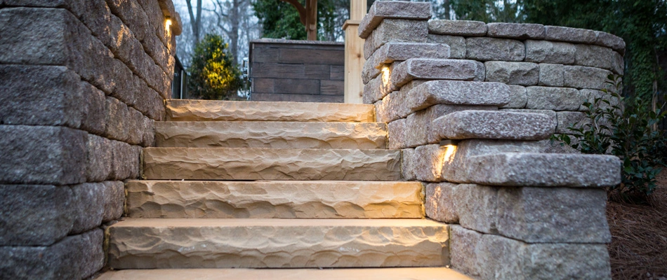 Outdoor steps installed with landscape lighting in Winston-Salem, NC.