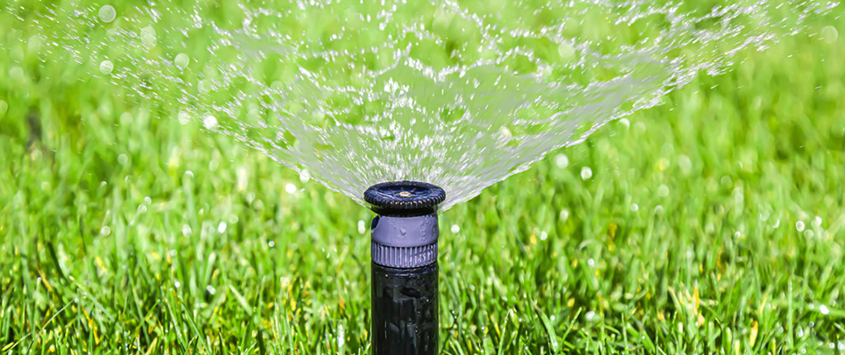 Sprinkler system watering a lawn automatically in the morning in Colfax, NC and nearby areas.