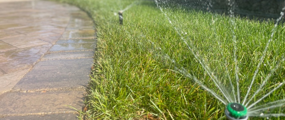 Sprinklers watering lawn next to walkway in Greensboro, NC.
