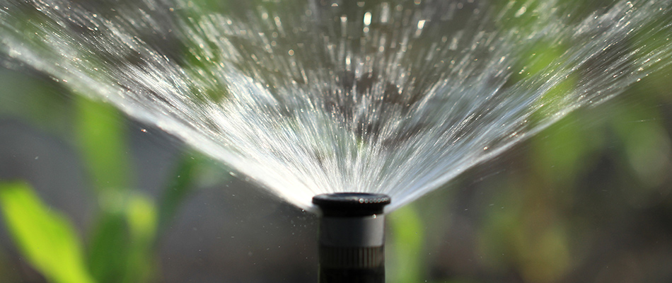 Irrigation sprinkler head with a blurred background watering a lawn near Randleman, NC.
