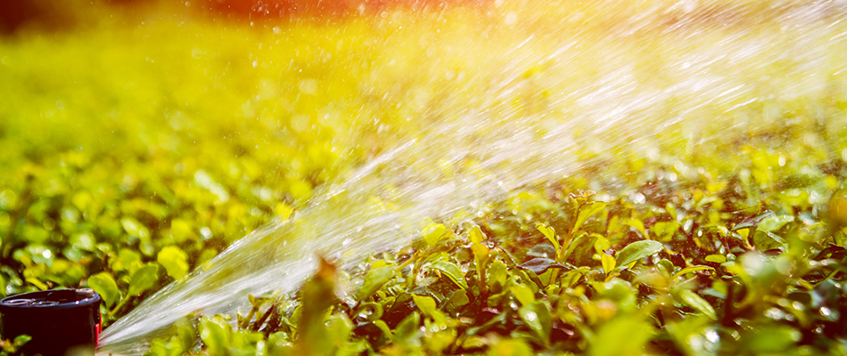Sunlight shining through water as it is ejected from an irrigation head onto a nice and healthy hedge.