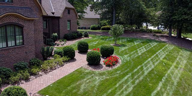 Landscaping with trimmed shrubs and plants around a walkway near Summerfield, NC.