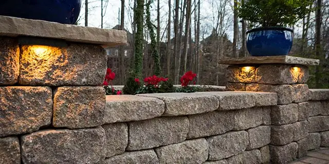 Seating wall with outdoor lighting near Winston-Salem, NC.